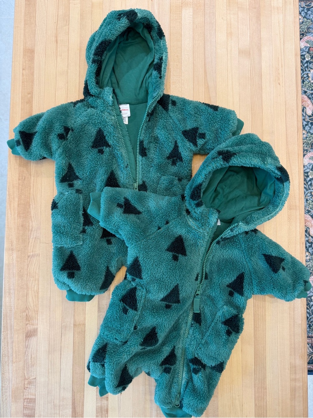 Hanna Andersson Green Fuzzy Hooded Baby Romper with Tree Print - 2 Pack